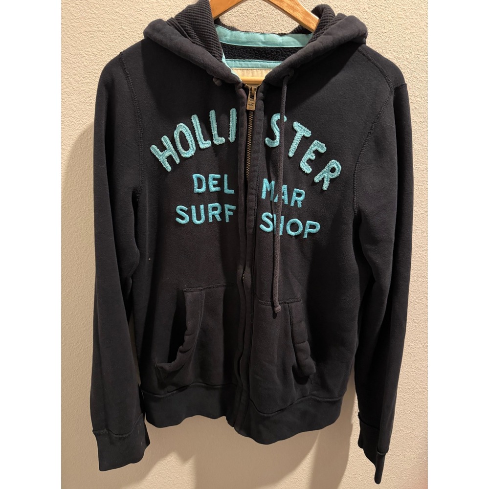 Hollister California Del Mar Surf Shop Navy Blue Zip Up Hoodie Waffle Hood Med